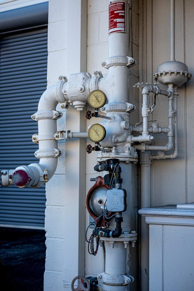 pipes-in-close-up-11142768 Close-up shot of an industrial pipe system featuring pressure gauges and valves outdoors.